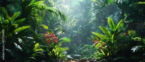 Fototapeta Naklejka Na Ścianę i Meble -  Digital jungle scene with dense, vivid greenery