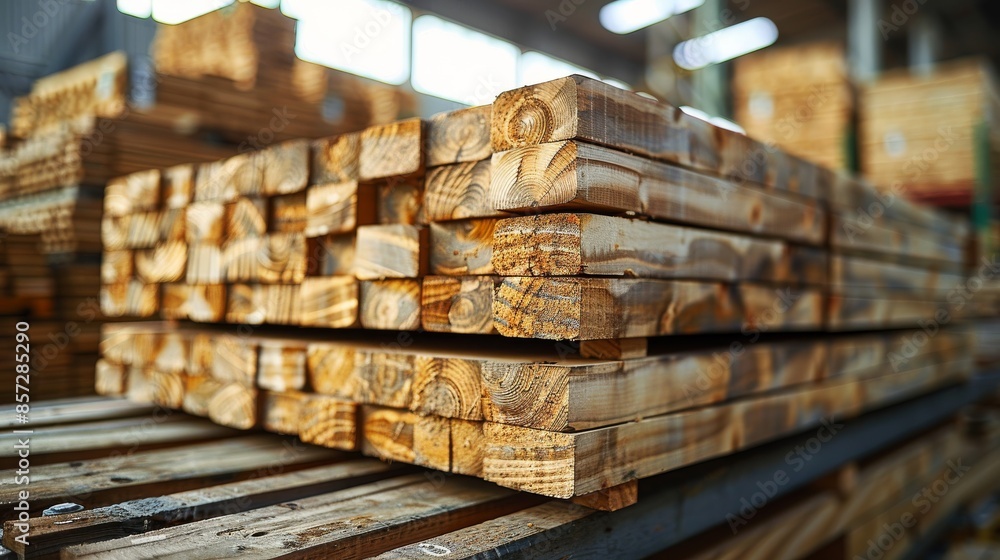 Detail shot of neatly stacked wooden planks in an industrial workshop setting, showcasing wood grain and processing quality essential for construction and carpentry. Detail shot of neatly stacked wooden planks in an industrial workshop setting, showcasing wood grain and processing quality essential for construction and carpentry.