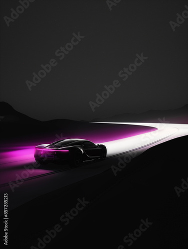 A black car is driving down a road at night