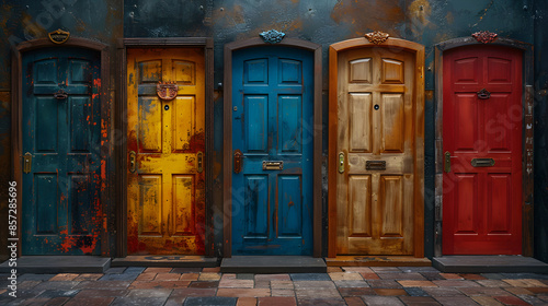 A row of rustic painted doors in blue, yellow, and red with a distressed finish, showcasing vintage charm and unique character