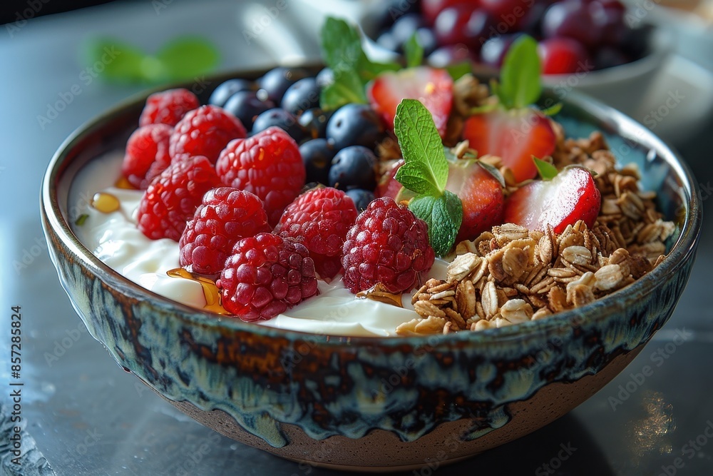 A healthy breakfast bowl with yogurt, granola, fresh berries, and a drizzle of honey. A healthy breakfast bowl with yogurt, granola, fresh berries, and a drizzle of honey.