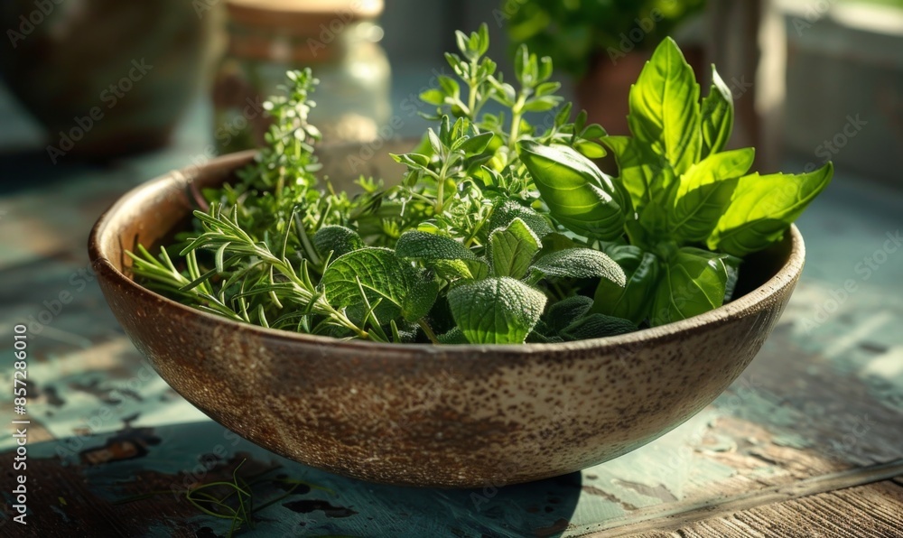 Freshly picked herbs in a bowl Freshly picked herbs in a bowl