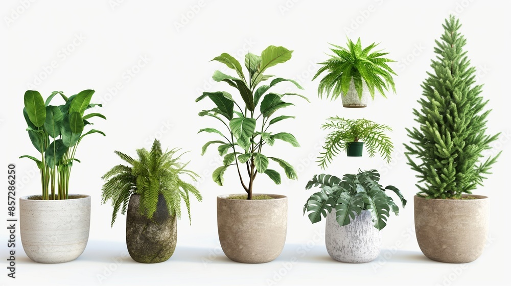 Obraz premium A collection of lush green houseplants in stylish pots, isolated on a transparent PNG background, ideal for minimalist interior design in a cozy bedroom or living room.