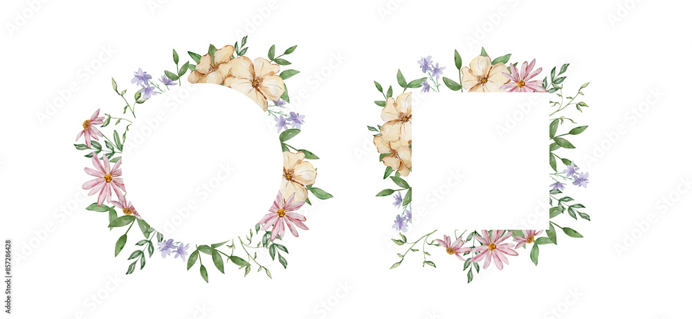 Frames with watercolor garden flowers and leaves set Frames with watercolor garden flowers and leaves set