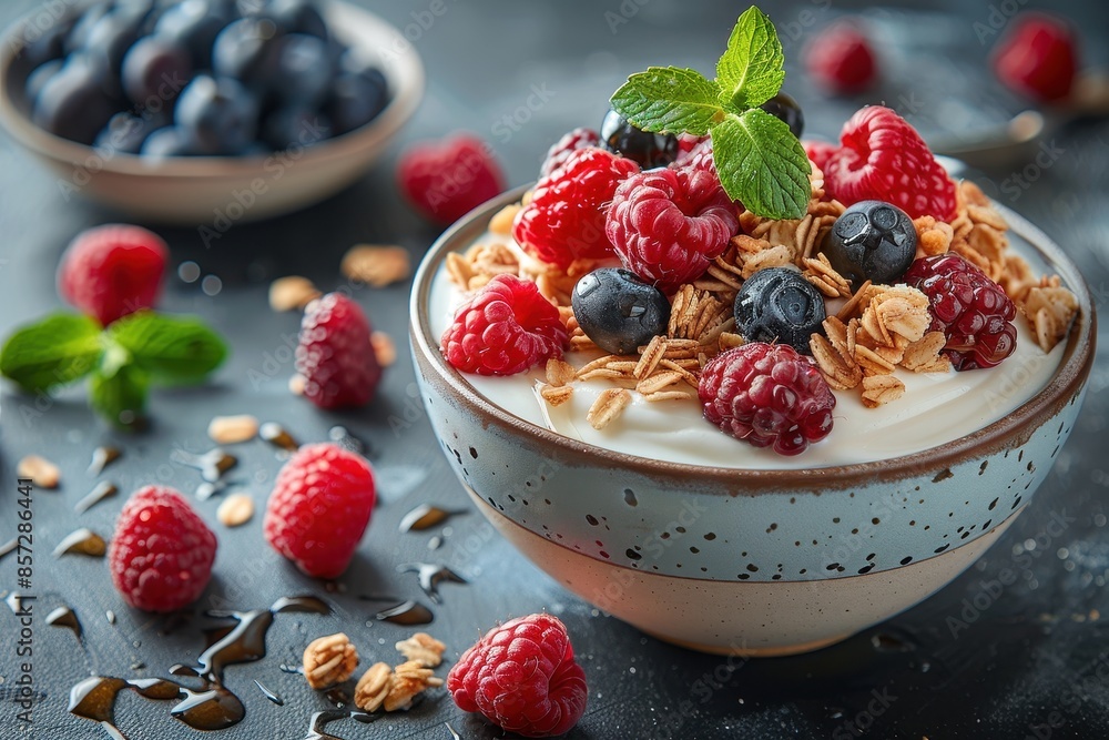 A healthy breakfast bowl with yogurt, granola, fresh berries, and a drizzle of honey. A healthy breakfast bowl with yogurt, granola, fresh berries, and a drizzle of honey.