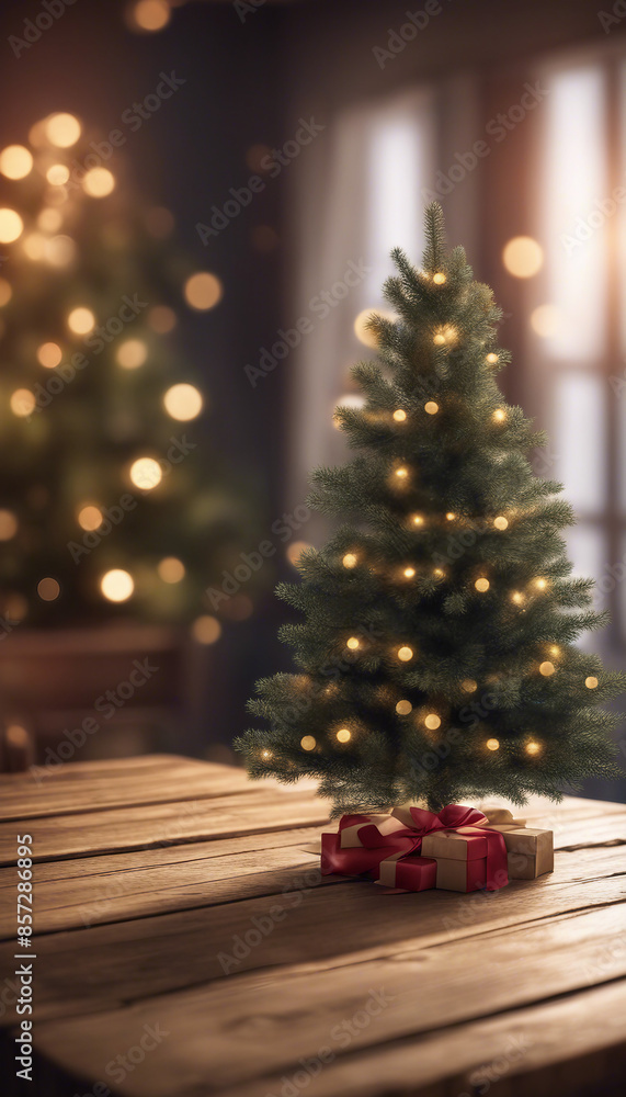 Empty wooden table and christmas tree with bokeh on background Empty wooden table and christmas tree with bokeh on background