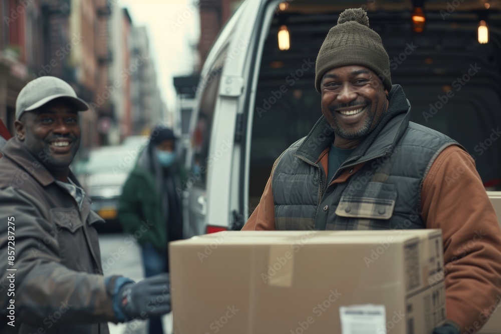 A delivery driver smiles and holds a box while standing near a truck on a city street A delivery driver smiles and holds a box while standing near a truck on a city street