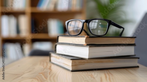 Financial literacy books and glasses on wooden table, calm home study room backdrop.  © studio nowhere