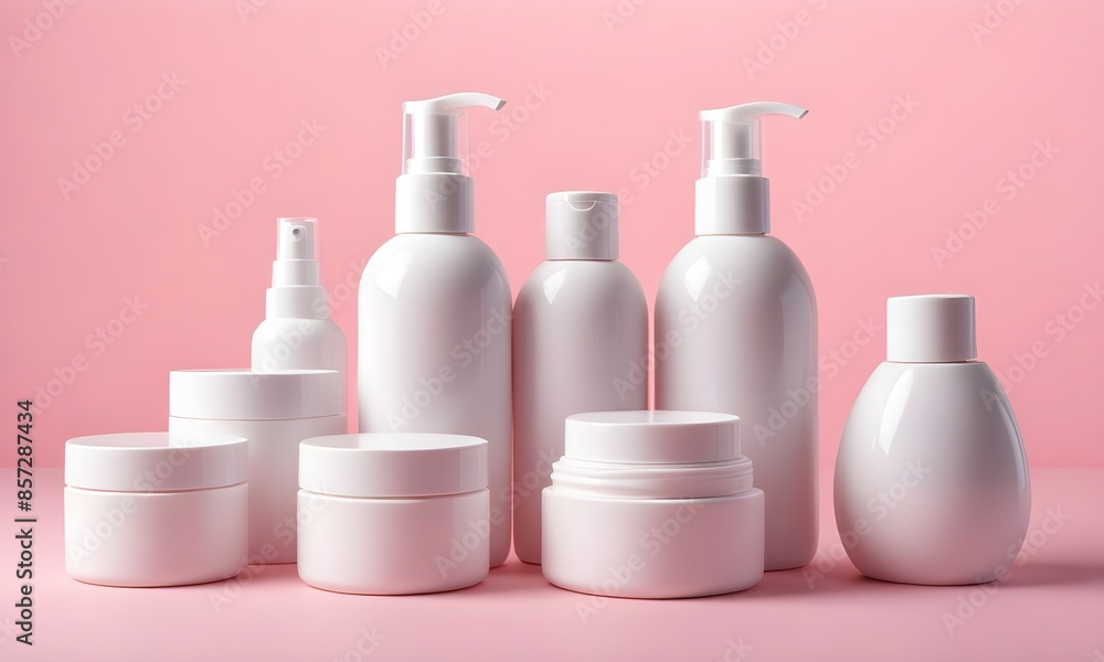 Set of skincare makeup containers without labels in the pink background AI Generated Set of skincare makeup containers without labels in the pink background AI Generated
