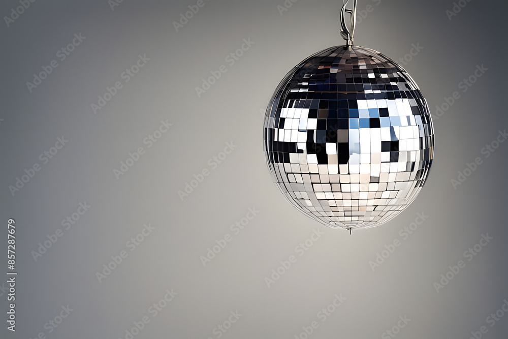 Fototapeta premium A close-up image of a shiny disco ball hanging from a chain, with a backdrop of warm, blurred bokeh lights. The reflective surface of the disco ball creates a festive and vibrant atmosphere. 