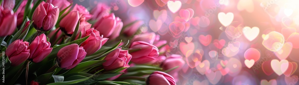 Obraz premium Pink tulips with a soft, heart-shaped bokeh background.