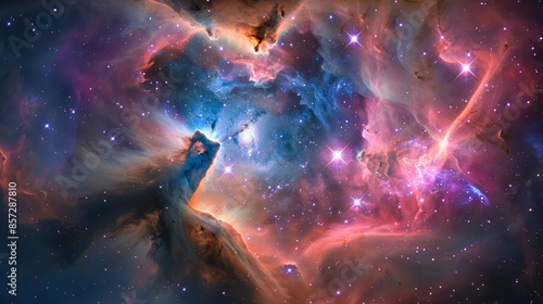 A colorful and vibrant nebula in space with stars and gas clouds