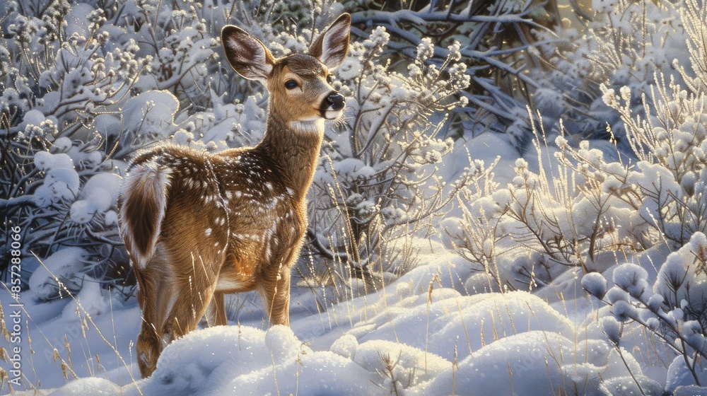 Fototapeta premium Mule deer fawn amidst snowy background near dense shrubbery
