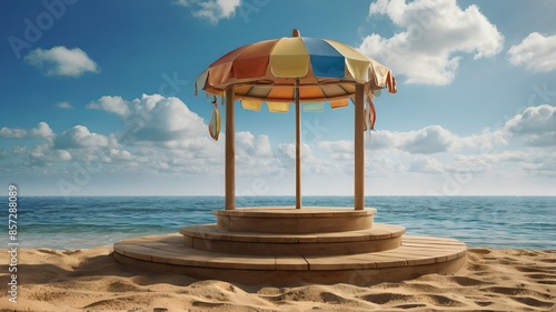 podium summer background sand product 3D sea display platform. Beach podium summer banner stand scene sale sky holiday vacation stage water island sun travel pedestal promotion presentation ad.