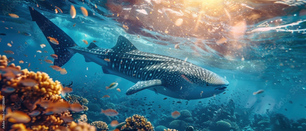 Fototapeta premium Diver photographing a majestic whale shark