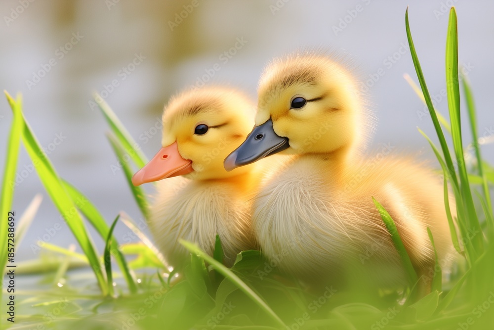two little yellow duckling on green grass two little yellow duckling on green grass