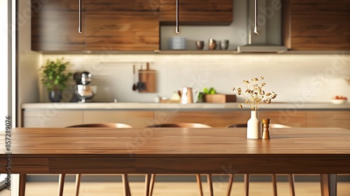 An inviting mid-century modern kitchen boasting a wooden dining table set amidst kitchen cabinets with a warm wooden countertop. photo