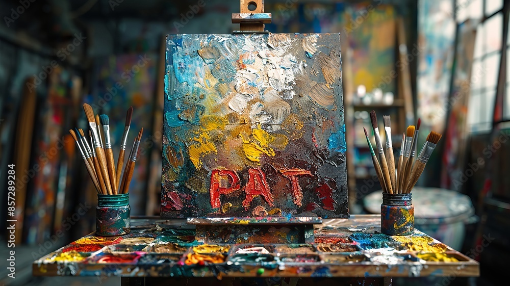 Artistic Paint Palette With Brushes In An Art Studio Artistic Paint Palette With Brushes In An Art Studio
