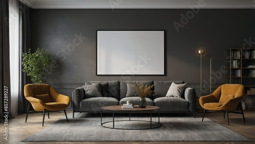white blank mock up frame on modern living room
