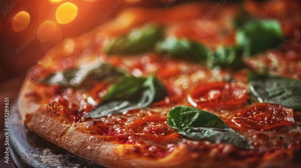 Close-up of a delicious pizza topped with fresh basil and tomatoes, capturing its vibrant colors and textures. Close-up of a delicious pizza topped with fresh basil and tomatoes, capturing its vibrant colors and textures.