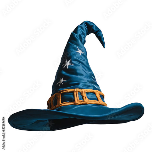 A blue wizard hat with orange straps and stars