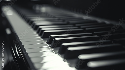 Close-up of piano keys, detailed monochrome shot. Musical instrument and elegance concept