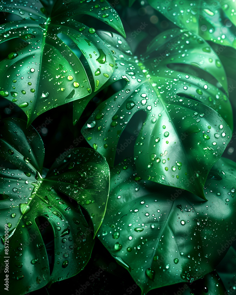 A lush green plant with droplets of water on its leaves. The droplets are scattered across the leaves, creating a sense of freshness and vitality A lush green plant with droplets of water on its leaves. The droplets are scattered across the leaves, creating a sense of freshness and vitality