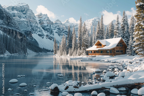 Beautiful view of Emerald Lake with snow covered and wooden lodge glowing in rocky mountains and pine forest on winter
 photo