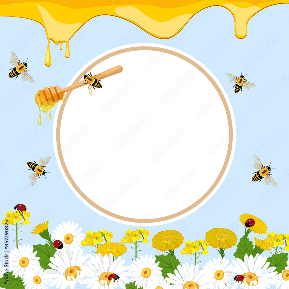 Fototapeta premium Vector wild flowers, herbs and bees with drops of honey on blue background.