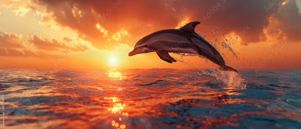 Dolphin leaping out of the water against a backdrop of a setting sun Dolphin leaping out of the water against a backdrop of a setting sun