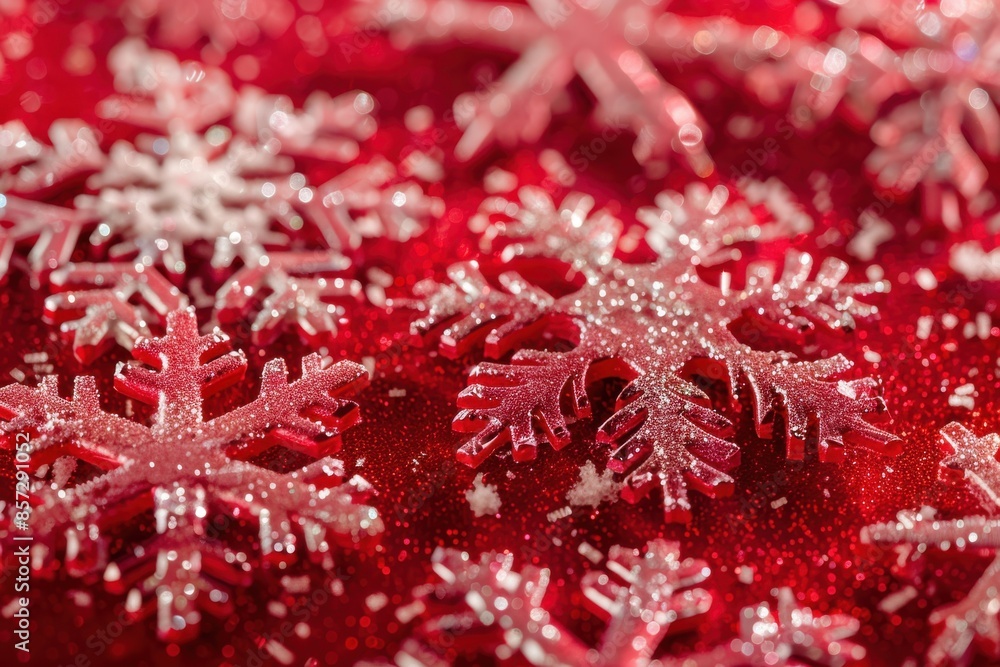 Winter-themed design background: red with snowflakes close-up Winter-themed design background: red with snowflakes close-up