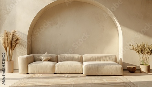 3d render of cozy living room interior with beige sofa, armchair and decorative arch on wall mock up, green arched door frame and pampas grass in modern home decor style