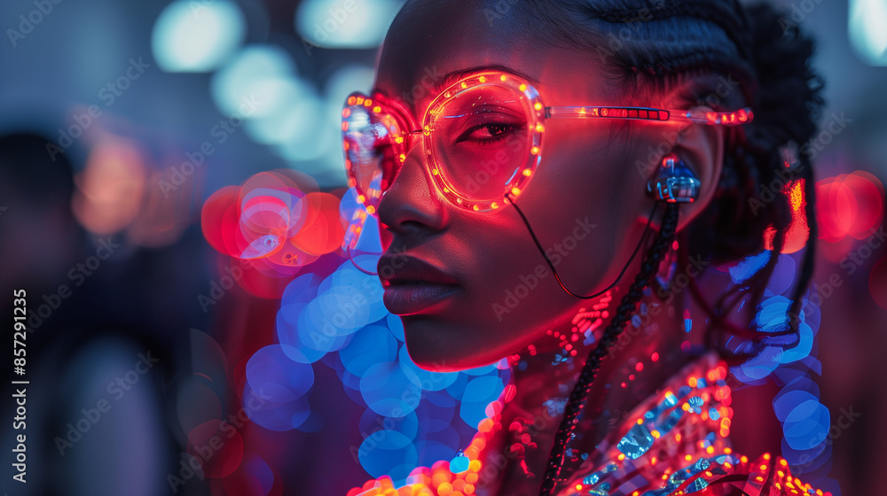 High-fashion runway show featuring models wearing avant-garde, ultra-futuristic outfits with glowing fabrics, holographic accessories High-fashion runway show featuring models wearing avant-garde, ultra-futuristic outfits with glowing fabrics, holographic accessories