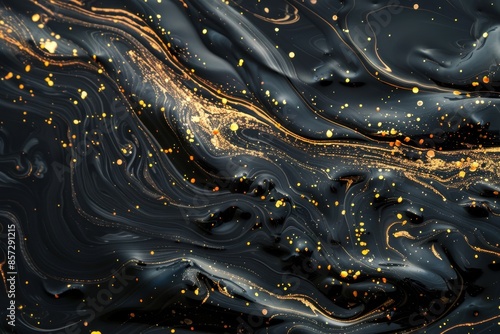 Abstract dark background with golden reflections of black liquid resembling lava