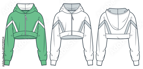 Crop Hoodie technical fashion illustration. Zipped Hood Sweatshirt fashion flat technical drawing template, oversize, front and back view, white, green, women, men, unisex Sportswear CAD mockup set.
