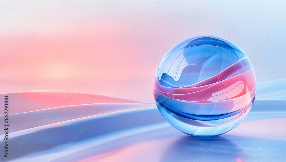 Glass sphere with blue and red gradient inside, floating on a light background, with white lines of different thicknesses running across the surface