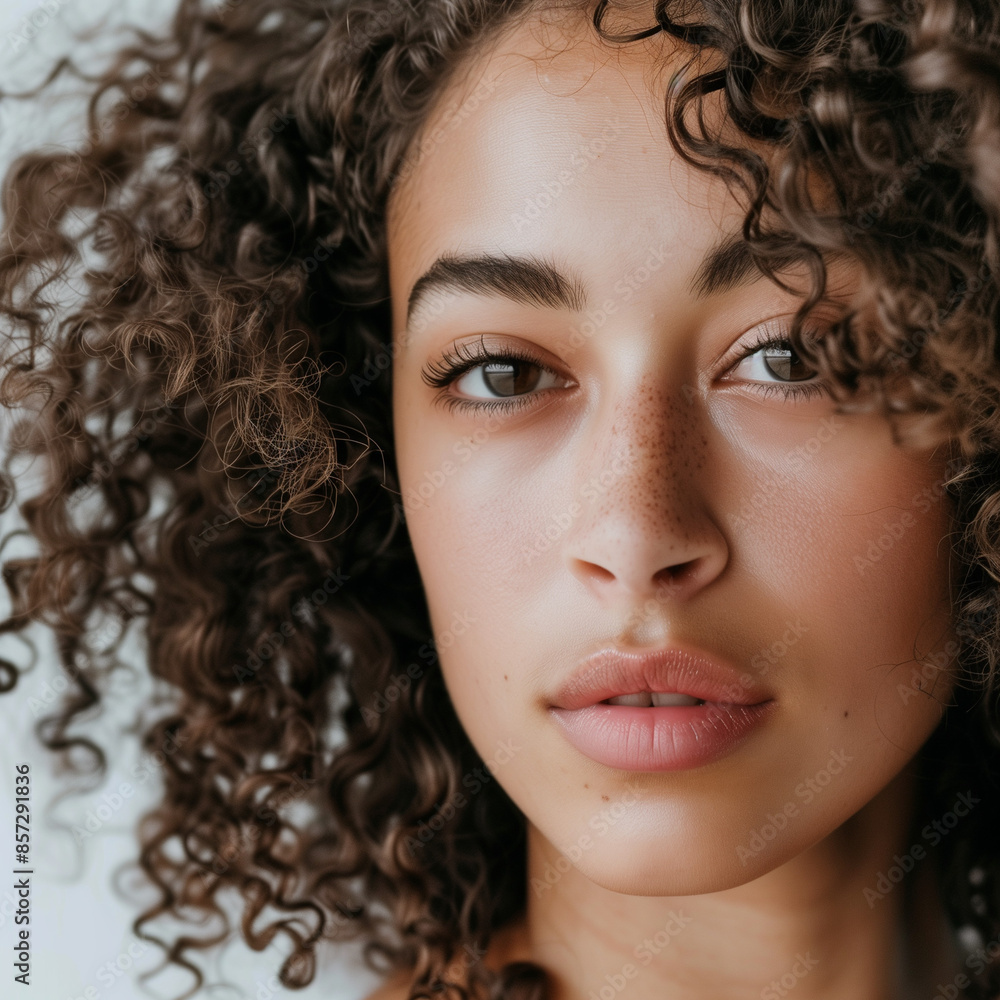 Portrait of a girl with curly hair against a white background, capturing her natural beauty and joyful expression Portrait of a girl with curly hair against a white background, capturing her natural beauty and joyful expression