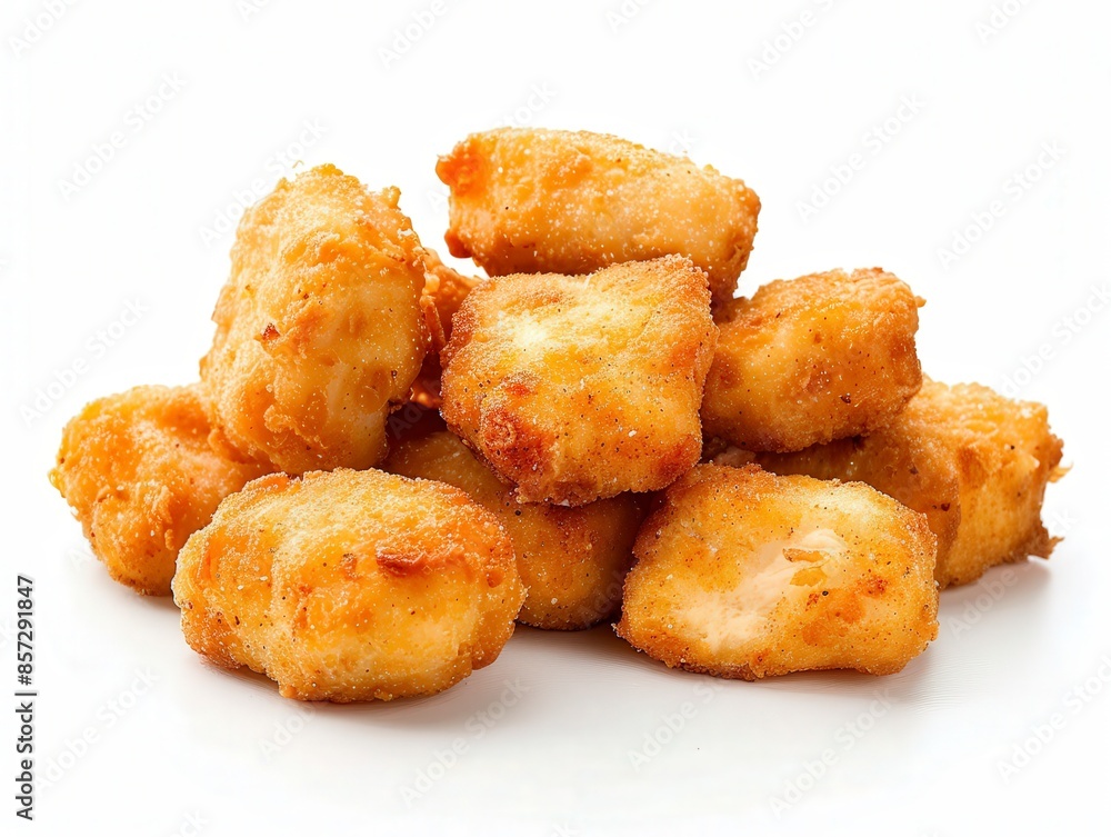 A delicious stack of crispy, golden brown chicken nuggets on a white background, perfect for fast food and snack-themed designs. A delicious stack of crispy, golden brown chicken nuggets on a white background, perfect for fast food and snack-themed designs.