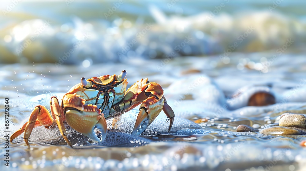 Close-up of a crab standing on wet sand, surrounded by ocean waves and seashells under a bright sunny sky. Close-up of a crab standing on wet sand, surrounded by ocean waves and seashells under a bright sunny sky.