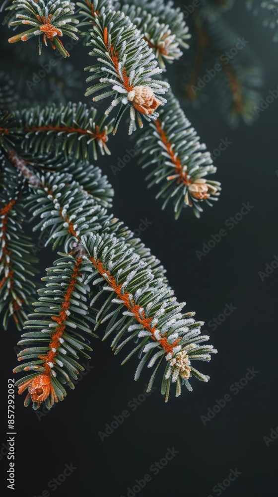 Frost-covered pine needles on dark background, close-up. Winter nature beauty concept. Frost-covered pine needles on dark background, close-up. Winter nature beauty concept.
