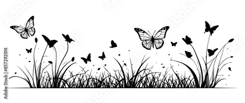 Silhouettes of flying butterflies flying over a meadow with flowers and grass, vector illustration in black on transparent or white background