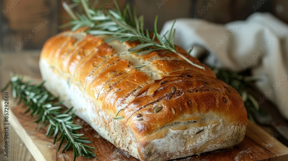 Freshly baked loaf of bread with a sprig of rosemary on a wooden cutting board Freshly baked loaf of bread with a sprig of rosemary on a wooden cutting board