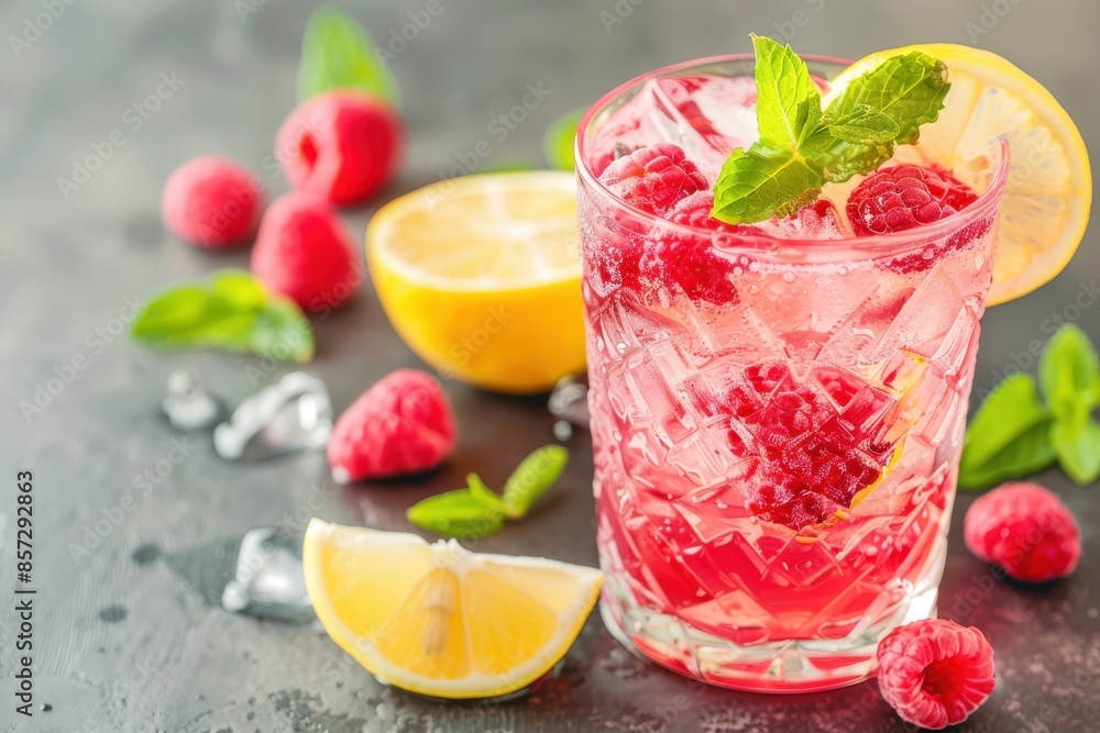 Spring or summer cool drink for refreshing with raspberries and lemon- infused raspberry lemonade or mocktail Spring or summer cool drink for refreshing with raspberries and lemon- infused raspberry lemonade or mocktail