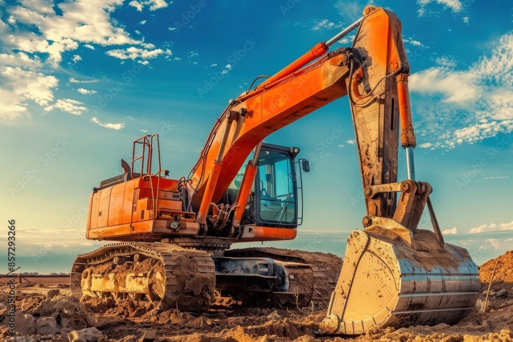 Robust excavator operating at construction location under clear skies Robust excavator operating at construction location under clear skies