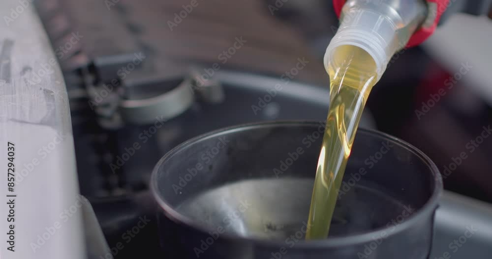 Add new engine oil to the engine. Extreme close up.New engine oil golden yellow.Footage 60P Add new engine oil to the engine. Extreme close up.New engine oil golden yellow.Footage 60P