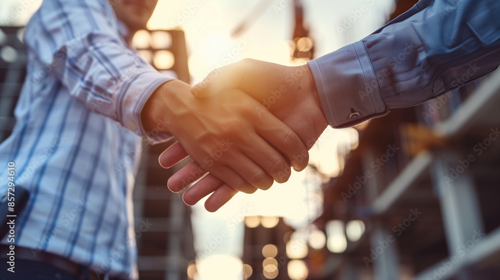 Engineer and businessman shaking hands at a construction site, symbolizing partnership, collaboration, and successful project management Engineer and businessman shaking hands at a construction site, symbolizing partnership, collaboration, and successful project management