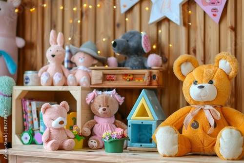 Assortment of charming and colorful toys on wooden table in a cheerful children s playroom