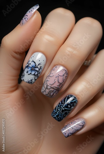 Intricate Nail Art Design with Vibrant Colors and Textured Patterns on Elegant Manicured Hand