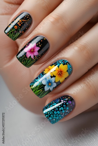 Intricate Nail Art Design with Vibrant Colors and Textured Patterns on Elegant Manicured Hand