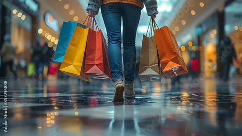 Colorful shopping bags held by a person in a modern mall
